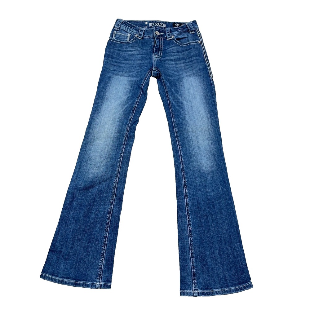 Rock And Roll Cowgirl Jeans Women 26x32 Mid Rise Bootcut Faded Blue Wash Western